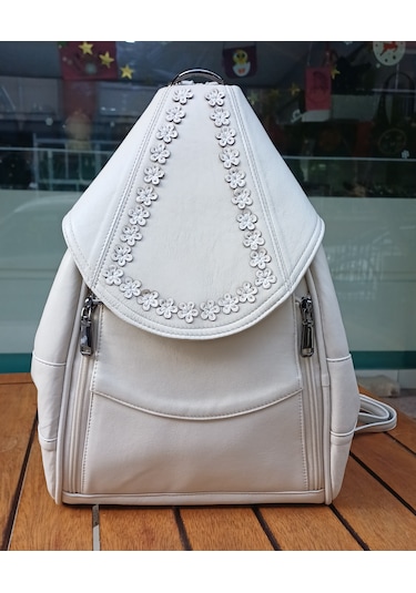 Durush Collection Hakiki Deri, Tasarım El İşlemesi Beyaz Sırt Çantası