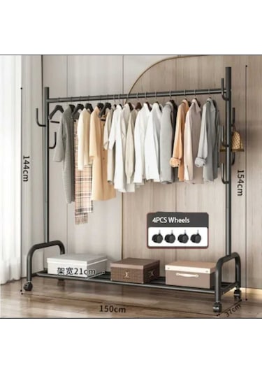 Metal Siyah Portmanto Konfeksiyon Askısı Ayaklı Askılık Elbise Askılığı Tekerlekli 154 150 Cm 6015