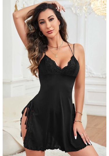 Merry See Askılı Dantel İşlemeli Yırtmaçlı Gecelik Siyah