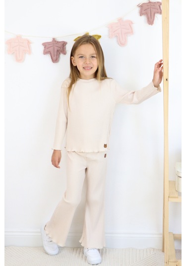 Kız Çocuk İspanyol Paça Fitilli Kumaş Pamuklu Takım Ekru