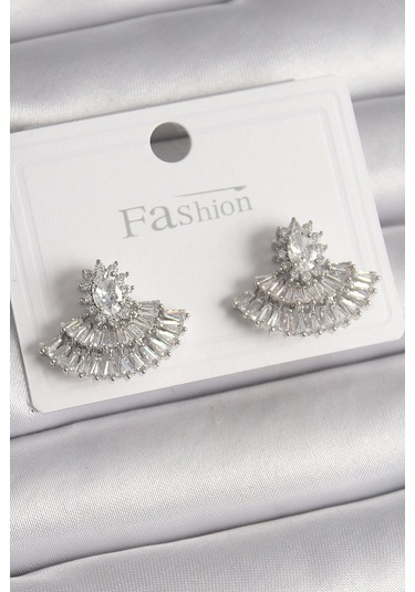 Pirinç Gümüş Renk Zirkon Taşlı Yelpaze Model Kadın Küpe Çok Renkli