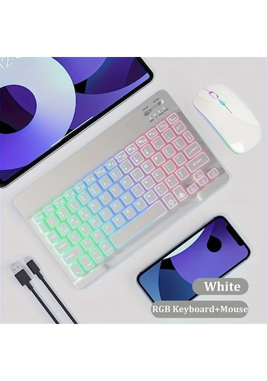 Honeybeeshop Siyah Ultra İnce Arka Aydınlatmalı Kablosuz Klavye Fare Seti Şarj Edilebilir Taşınabilir Type C Şarj Tablet Uyumlu İngilizce Düzen Lazer