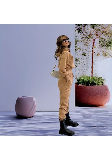 Fifty Color Crop Takım Kapüşonlu Üç Iplik Kalın Polarlı Eşofman Takımı- Bej