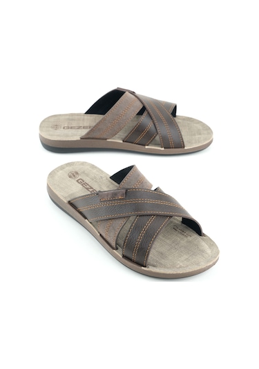 Gezer Yazlık Erkek Suni Deri Rahat Taban Günlük Terlik Kahve Kahverengi