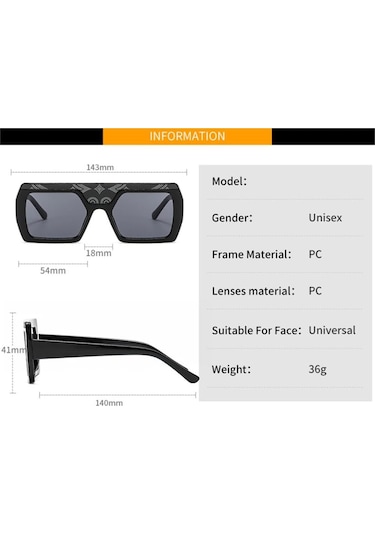 Erkek Büyük ÇerçeveKare Güneş Gözlüğü El Sanatları Desenli Çıkartmalar Dekoratif Gözlükler Siyah Gri