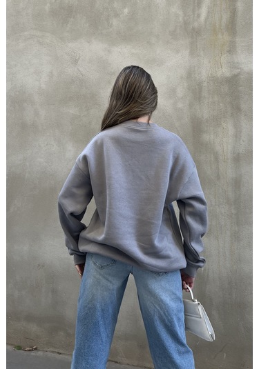 Şeker Pembe Basic Bisiklet Yaka Oversize Sweatshirt Taş