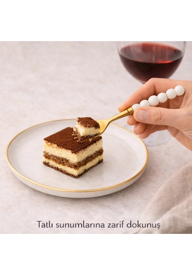 6 Adet Gold İnci Detaylı Tatlı Çatalı Beyaz - Altın