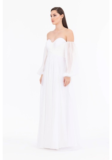 Kadın Kalp Yaka Çıkarılabilir Kollu Yırtmaçlı Abiye Elbise - Ekru Ekru