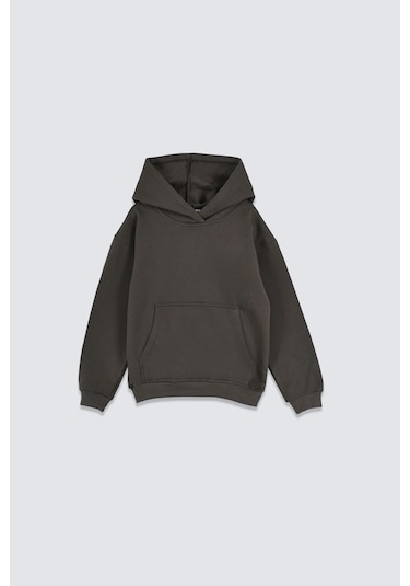 Basic Kapüşonlu Şardonlu Kanguru Cep Detaylı Çocuk Sweatshirt 3-10 Yaş Ekru Haki