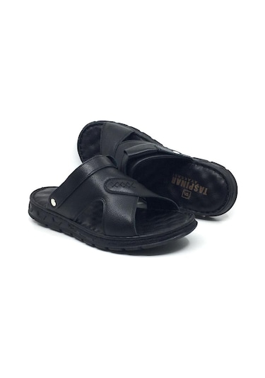 Taşpınar 303 %100 Hakiki Deri Ortopedik Erkek Yazlık Rahat Siyah Terlik Sandalet 40-45 Siyah