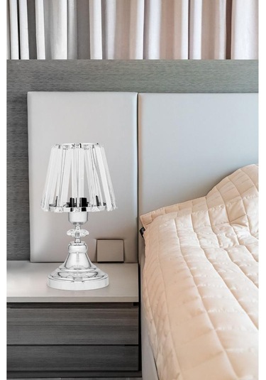 Gerçek Kristal Cam Başlık Krom Metal Gövdeli 2'li Yatak Odası Abajur İki Adet Gece Lambası Krom