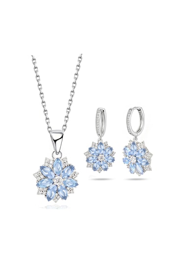 Aquamarin Taşlı Pırlanta Model Lotus Çiçeği Kadın Gümüş Set Gümüş