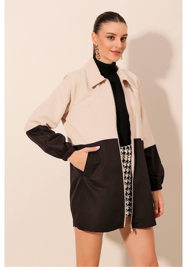 5909 Çift Renkli Mevsimlik Trençkot - Siyah Siyah