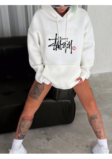 Üç İplik Kapşonlu Baskılı Sweatshirt - Beyaz Beyaz