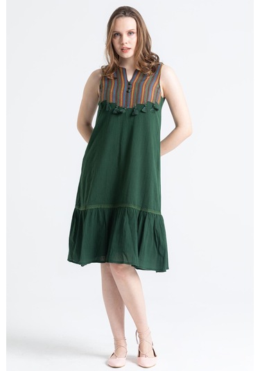 Kolsuz Şile Bezi Ilgaz Midi Boy Elbise Yeşil