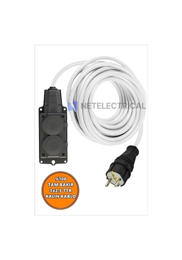 Kauçuk 2'li Topraklı Grup Priz Uzatma Kablosu 22 Metre 3x2.5 Mm² Ttr Kalın Beyaz Kablolu 22 Metre