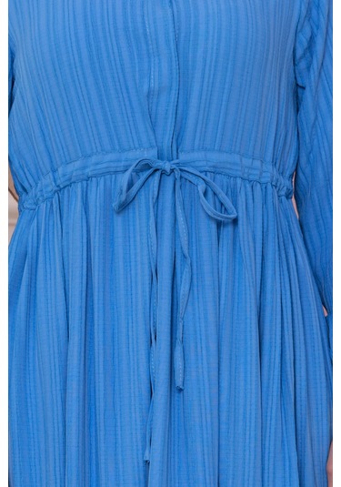 Gömlek Yaka Beli Tünelli Sare Elbise-mavi-4738 Mavi