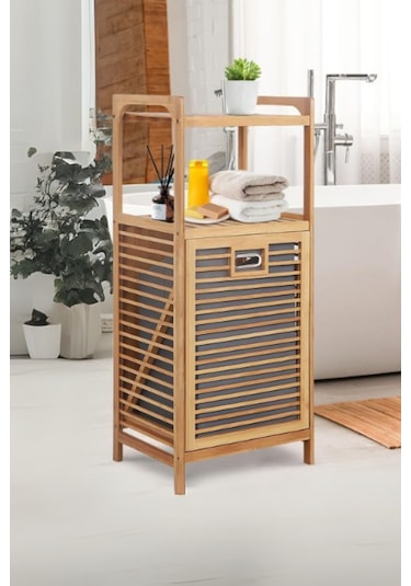 Büro Ev Ofis Dekoru İçin 40x35x95cm 2 Raflı Kumaş Hazneli Ahşap Kirli Çamaşır Sepeti Diğer