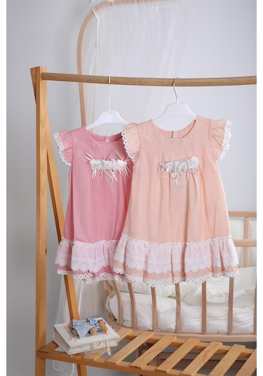 Bayramlık Keten Kız Bebek Çocuk Elbise 12787 001