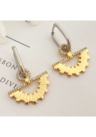 Çelik Kadın Küpe Trend Yelpaze Küpe Çift Renk Gold - Gümüş