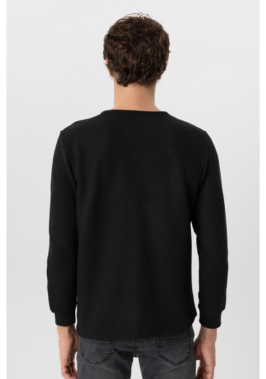 Siyah Slim Fit Armürlü Bisiklet Yaka Triko Kazak-36351 Siyah