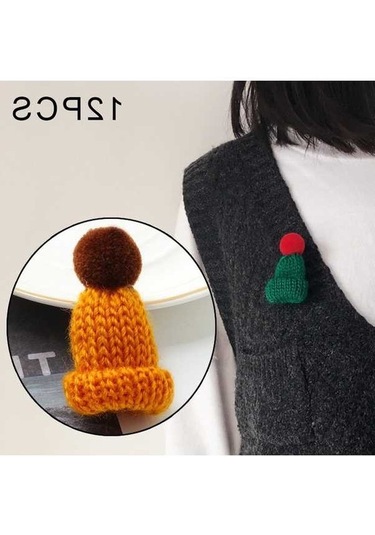 Flybuy 12 Adet Sevimli Örgü Tüy Yumağı Rozetler - Koyu Sarı Pins Kazak Rozetleri Koyu Sarı