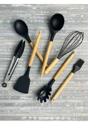 Qerhome 7 Parça Siyah Servis Seti Maşa- Kepçe-kaşık-çırpıcı-spatula - Spagetti - Fırça
