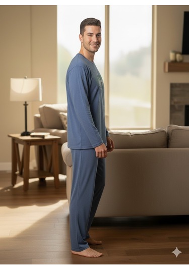 Erkek Mavi Uzun Kol Pijama Takım Açık Mavi