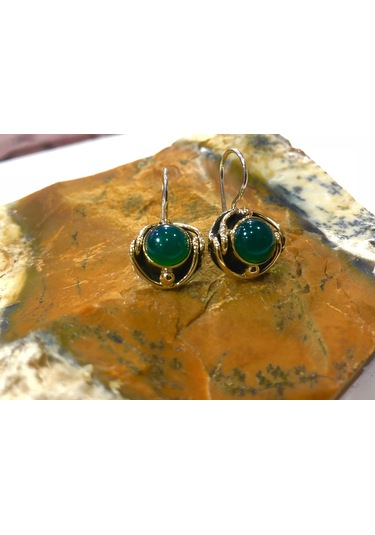 Gumusevi Yeşil Akik Taşlı Gümüş Küpe 925 Ayar El Işi N11.96536