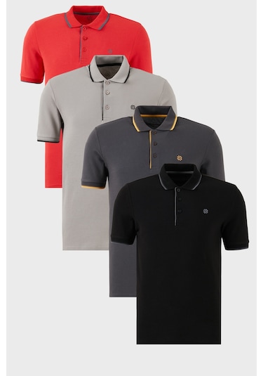Buratti Pamuklu Slim Fit Şerit Detaylı Düğmeli Polo Yaka 4'Lü Paket Erkek T Shirt 5902118S4 Siyah-Kırmızı-Antrasit-Taş