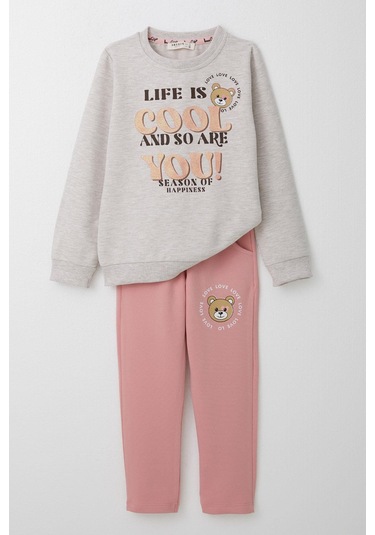 Breeze Kız Çocuk Eşofman Takım Simli Yazı Baskılı Sevimli Ayıcıklı 1.5-5 Yaş, Bej Melanj Bej Melanj Breeze Kız Çocuk Eşofman Takım Simli Yazı Baskılı Sevimli Ayıcıklı 1.5-5 Yaş, Bej Melanj Bej Melanj