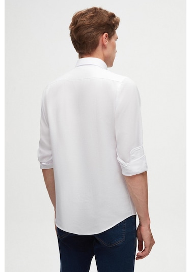 Ds Damat Slim Fit Beyaz Oxford Düğmeli Yaka Kolay Ütülenebilir Nakış Detaylı Pamuklu Gömlek 4HC02ORT03265 Beyaz