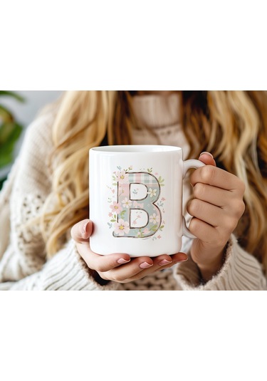 B Harfli Çiçek Desenli Kupa Bardak - Ekose Desenli Yeşil Pembe Desenli Tasarım - Kişiye Özel Hediye Beyaz