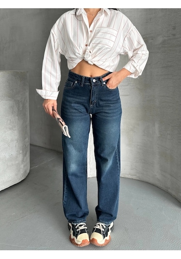 Palazzo Bıyık Enzim Yıkama Jeans Pantolon Koyu Mavi D2008 Mavi