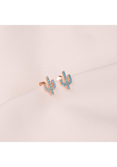 Altın Küpe - 14 Ayar Altın Minimal Kaktüs Modelli Firuze Turkuaz Taşlı Küpe Sarı