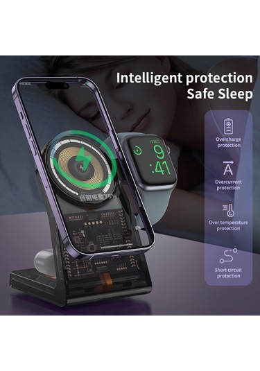Lfx-198 15w Şeffaf Magsafe Kablosuz Şarj Standı, Çıkarılabilir Saat Şarj Cihazı İle Siyah