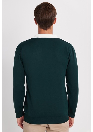 Erkek Standart Fit Uzun Kol Yarım Fermuarlı Polo Yaka Yeşil Kazak-35799 Yeşil