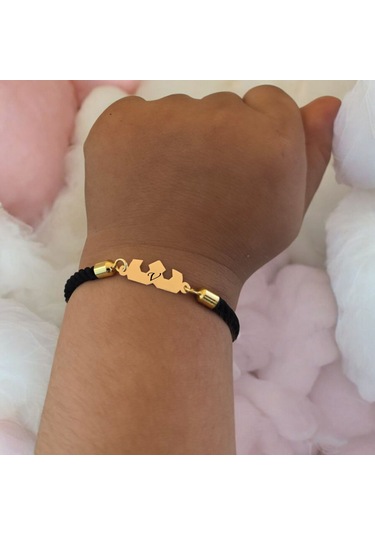 V Harfine Özel 14 Ayar Altın Plakalı Siyah İpek Örgülü Taç Figürlü Hediye Bileklik-507harf V