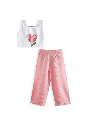 Denokids Çiçekli Kız Çocuk Pembe Müslin Pantolon Takım Renkli Çok Renkli