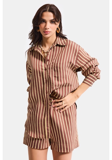 Itsbasic Kadın Kahve Çizgili S6-108 Oversize Rahat Kesim Gömlek