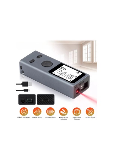 Shopytech Mini Usb Şarjlı Lazer Metre 50 M Dijital Mesafe Ölçer Alan/hacim Hesabı Pisagor Sürekli Öl 1 Adet