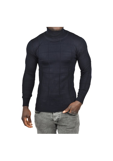 Deepsea Erkek Lacivert Kare Desenli Balıkçı Yaka Slim Fit Boğazlı Triko Kazak 2505493 Lacivert