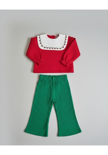 İşlemeli Yaka Kırmızı Badi Ve Fitilli Yeşil Eşofman Altı Kız Çocuk Alt Üst Takımı Kırmızı