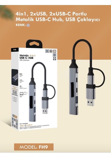 Usb-c Hub 4in1 Dönüştürücü - 2 Usb, 2 Type-c Port, Metalik Usb-c