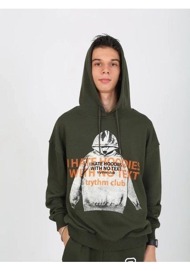 Erkek Çocuk Kapüşonlu Not Hoodies Yazılı Sweatshirt-15230 Haki