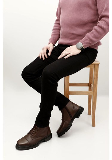 Gönderi R Kahve Floter Gön Hakiki Deri Fermuarlı Bağcıklı Erkek Postal Bot 81501 Kahve