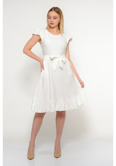 Kadın Omuz Detaylı Büzgülü Diz Boy Yazlık Elbise 3886/100 001