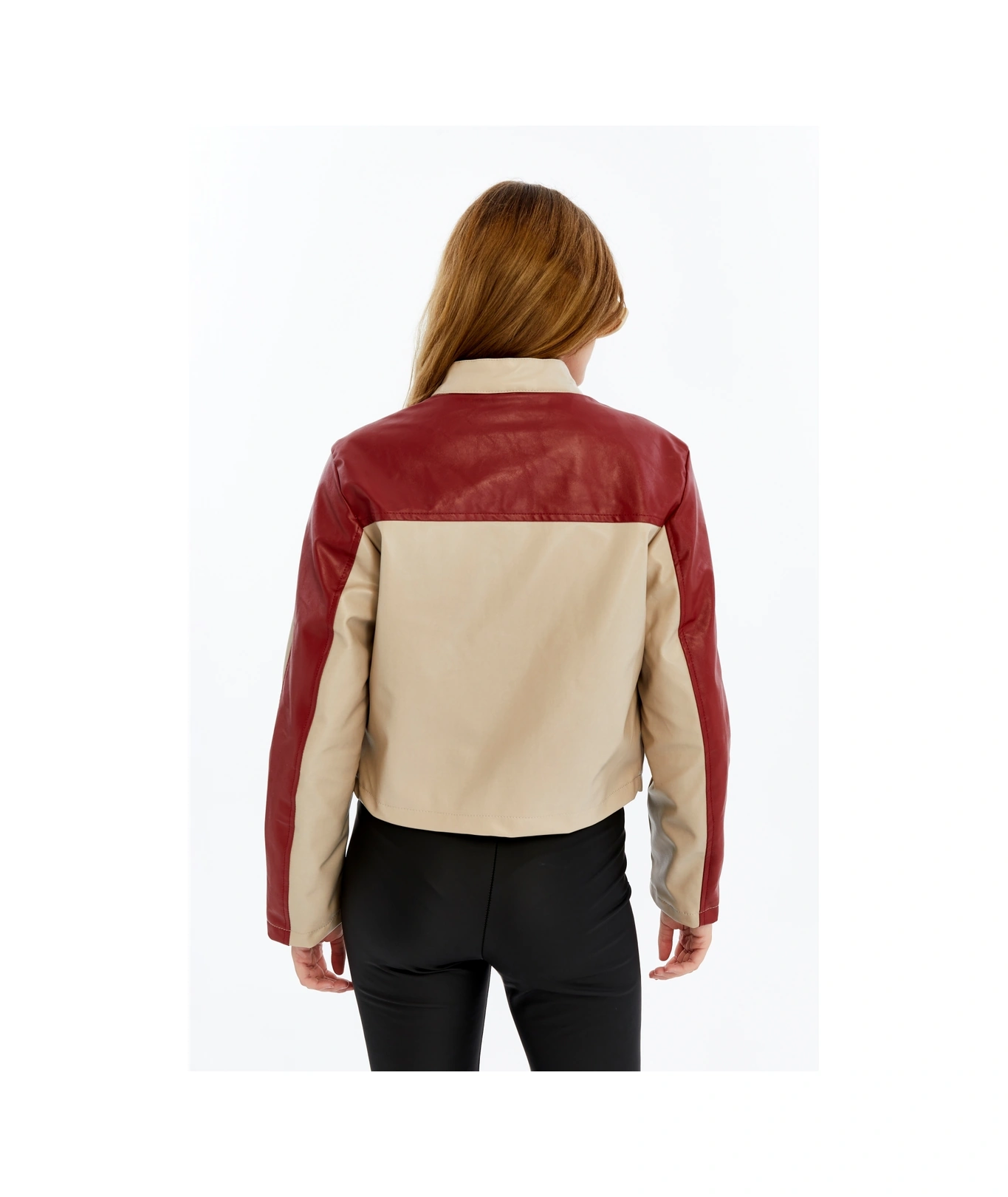 Kadın Şeritli Deri Ceket Günlük Kullanım Niş Özgün Tasarım Mont Fermuarlı Standart Bomber Ceket Bej