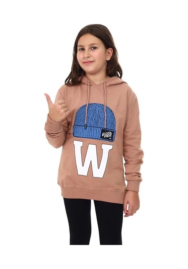 Çocuk Bere Baskılı Ve İşlemeli Kapüşonlu Sweatshirt-13410-kahverengi Kahverengi