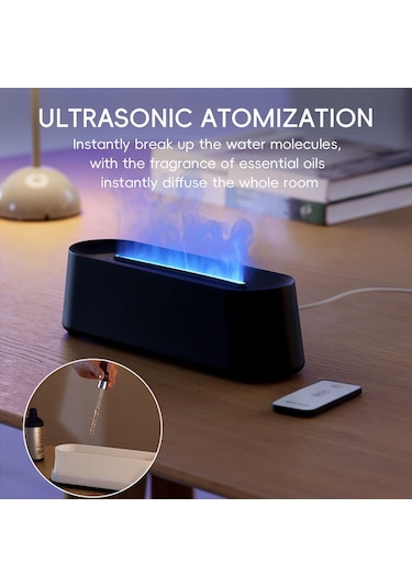 Uçucu Yağ Difüzör, Şömine Ateş Alevi Aromaterapi Difüzör, 250ml Serin Sis Nemlendirici, 7 Renkli Işıklı Aroma Difüzör, Uzaktan Kumanda, Zamanlayıcı Ve Otomatik Off, Oda Siyah